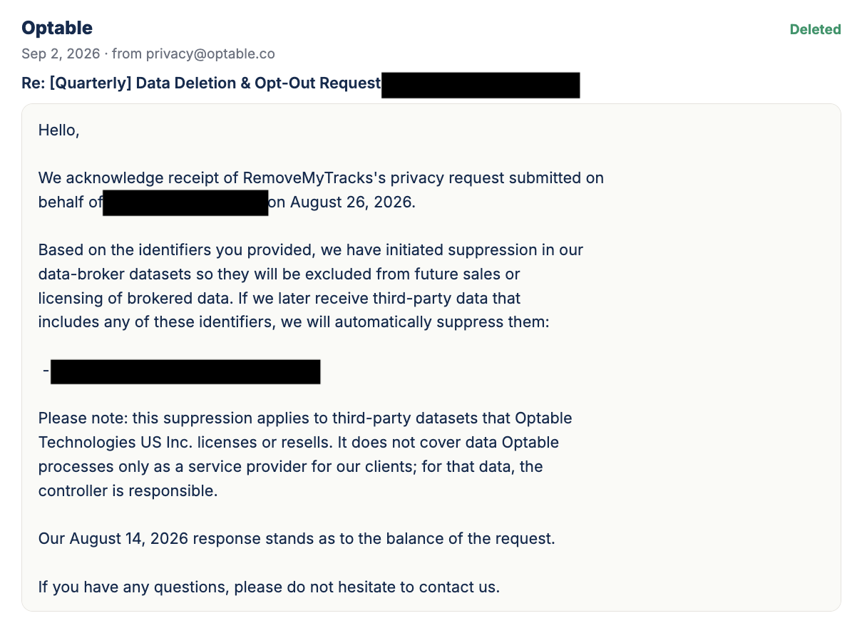 Redacted broker confirmation email: deleted